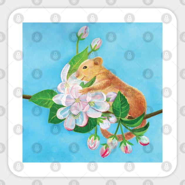 Common dormouse, hazel dormouse climbing in a spring blooming branch Sticker by Julia Doria Illustration